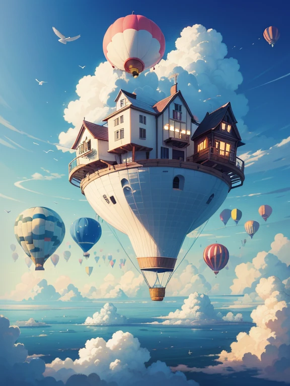 A whimsical floating city in the sky, houses on clouds, hot air balloons navigating, birds wearing hats flying by, a world where the ordinary meets the extraordinary, Illustration, digital drawing in Procreate