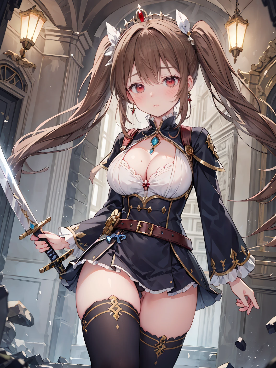 ((8K masterpiece,highest quality)), ultra high resolution, hyper detail, (1 girl), beautiful face, beautiful and delicate eyes,((red eyes)),Big eyes,shining eyes of light,Thin and long eyelashes,detailed light,((brown hair)),((long hair)), ((twin tails)),big breasts,(very large thighs),thin waist,((fearless smile)),blush,(((open your mouth))),(((Sad face))),blush,(open your mouth),(royal swordsman),(((Hold Sword))),silver holy armor,sacred belt around the waist,sapphire crown,gold necklace,sapphire earrings,silver hair ornament,white knee socks,scattered treasures,ambition,(royal family of darkness),(Inside the castle),action pose,motion blur,Depth of written boundary,spectacular panoramic view,angle from below