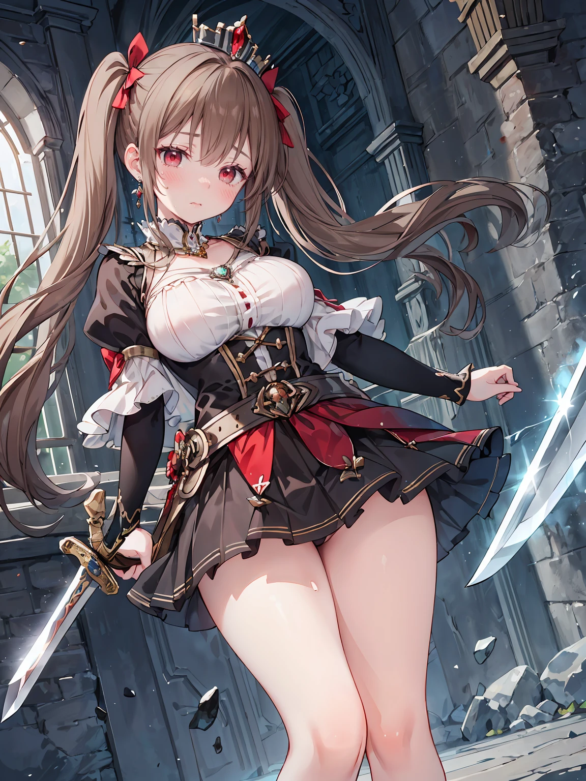 ((8K masterpiece,highest quality)), ultra high resolution, hyper detail, (1 girl), beautiful face, beautiful and delicate eyes,((red eyes)),Big eyes,shining eyes of light,Thin and long eyelashes,detailed light,((brown hair)),((long hair)), ((twin tails)),big breasts,(very large thighs),thin waist,((fearless smile)),blush,(((open your mouth))),(((Sad face))),blush,(open your mouth),(royal swordsman),(((Hold Sword))),silver holy armor,sacred belt around the waist,sapphire crown,gold necklace,sapphire earrings,silver hair ornament,white knee socks,scattered treasures,ambition,(royal family of darkness),(Inside the castle),action pose,motion blur,Depth of written boundary,spectacular panoramic view,angle from below