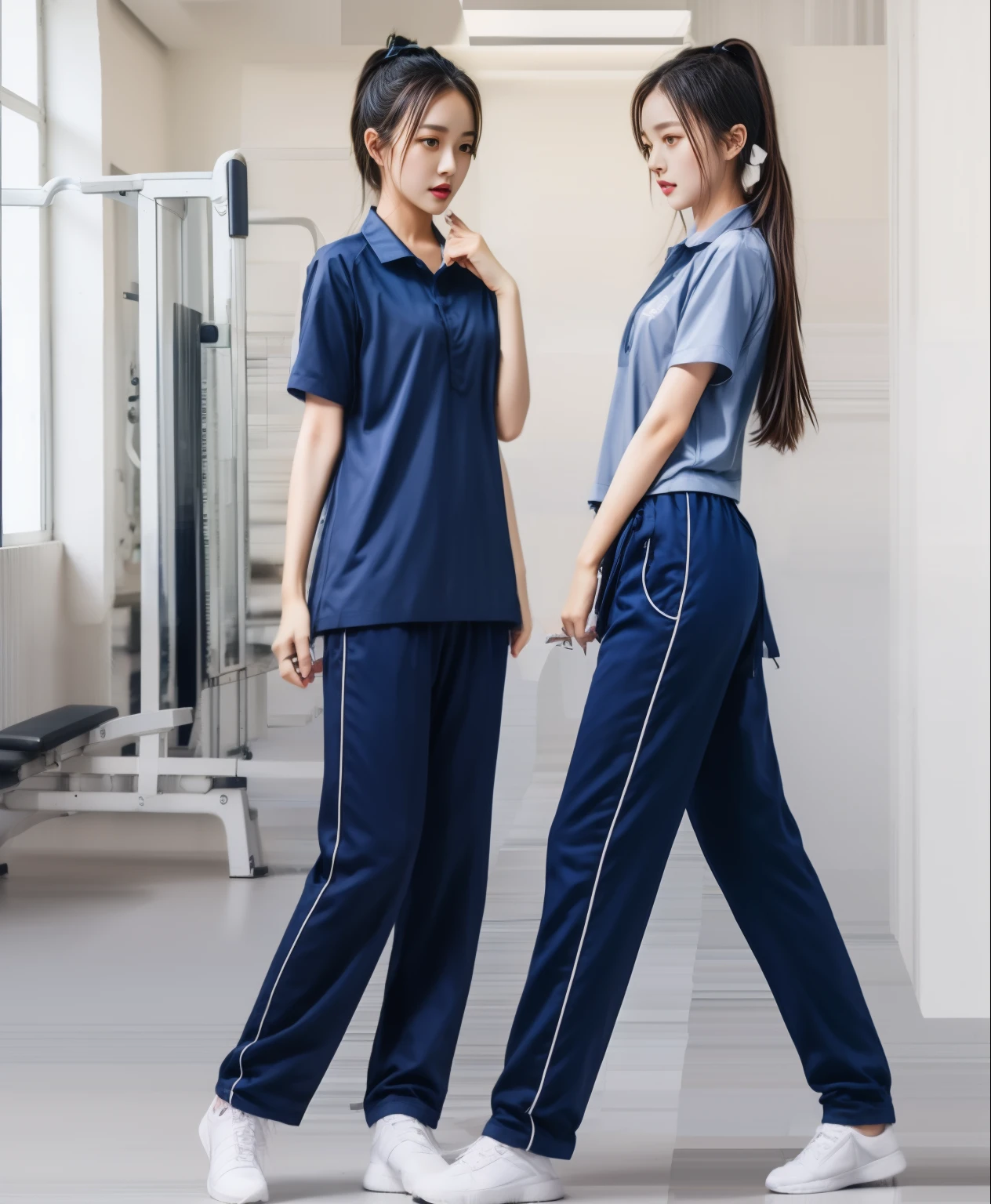 2 girls in fitness center, Navy blue short-sleeved shirt,Navy Long Trackpant,Sweatpants, Sweatpantsขายาว,25 year old girl, lesbian, sexy, exercise clothes, wet body, exercise clothes