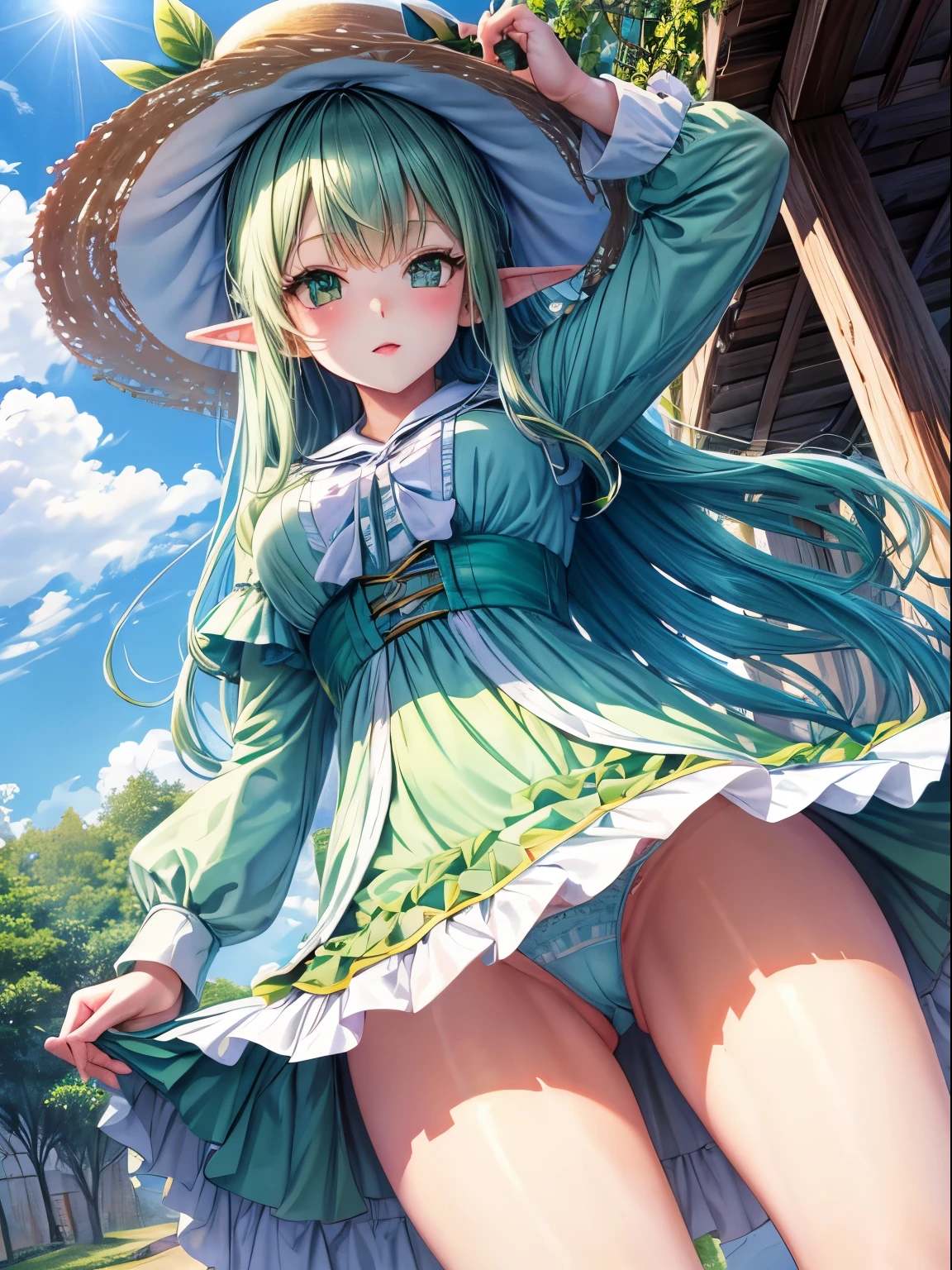 open your legs from below from the ground high school girl Underwear pattern Look away and peek Super detailed girls thin line elf Green eyes light blue dress detailed face