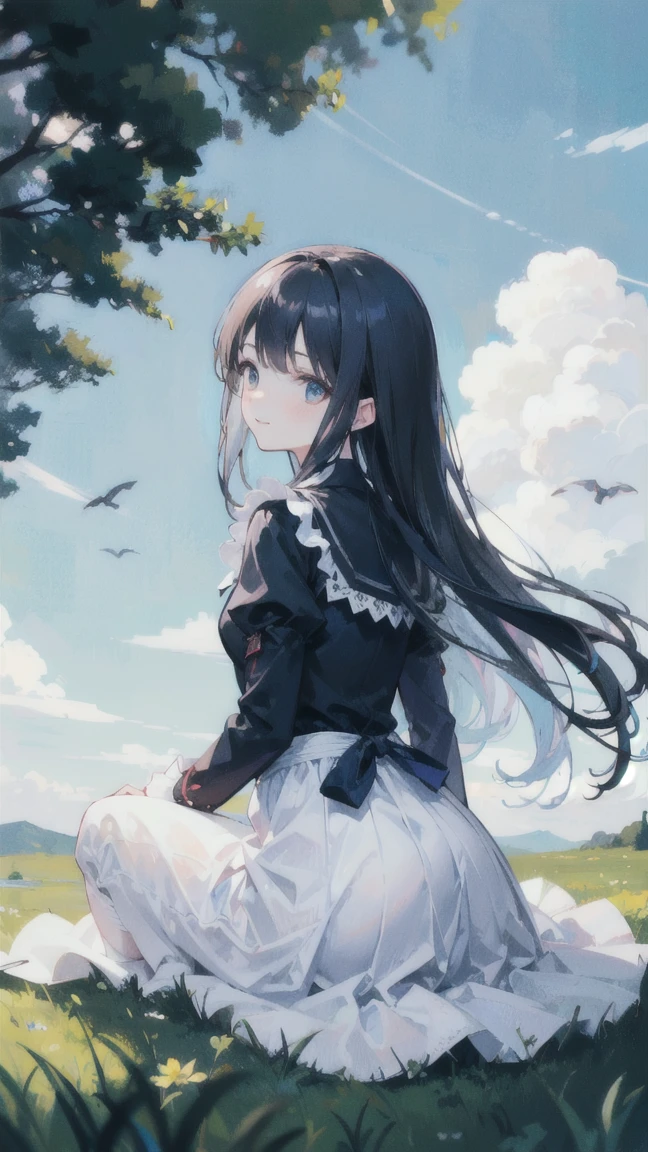 (Film portrait photography,photograph,Beautiful two-dimensional wallpapers)(Soft professional lighting,35mm film,Photographing distant views:1.3)(The back view of a 15-year-old cute loli:1.6,Wearing a long white dress blown by the wind,Refined waist-hip ratio:1.6,White and long legs:1.3,Smile,small red lips:1.4,Wearing a bow:1.4,cute white socks:1.3,French bangs:1.4,flowing long hair:1.2,Sitting on the grass and looking at the sky:1.5)(A flock of flying swallows:1.5,White clouds and blue sky:1.3,The picture is very neat :1.5)