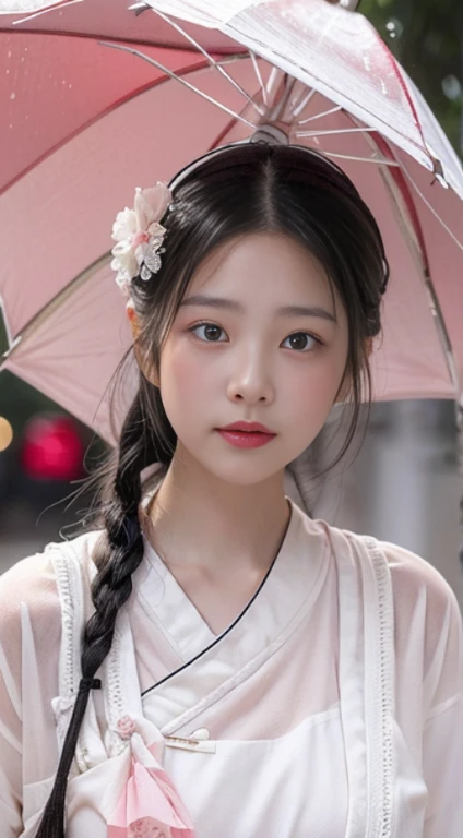 a girl in a white outfit is seen in the rain, in the style of light red and light pink, chinapunk, detailed facial features, i can't believe how beautiful this is, hyper-realistic water, cottagecore, chinese cultural themes 