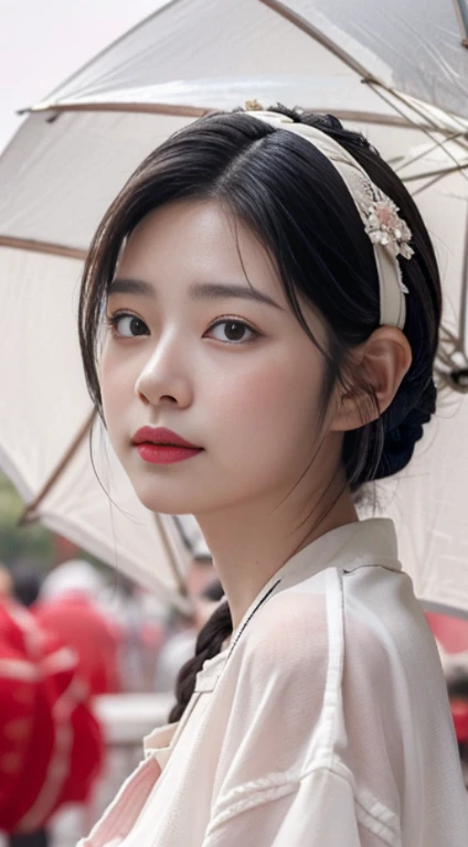 a girl in a white outfit is seen in the rain, in the style of light red and light pink, chinapunk, detailed facial features, i can't believe how beautiful this is, hyper-realistic water, cottagecore, chinese cultural themes