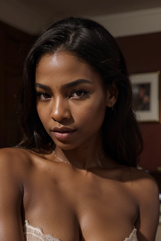 Brazilian woman with dark skin, naked sitting on the bed, sensual, black hair, brown eyes, black hair, hair over shoulder, makeup, pout, excited, depth of field, cinematic lighting, drop shadow, speed lines, lens flare, Canon, UHD, retina, accurate, anatomically correct, textured skin, super detail, high quality, highres