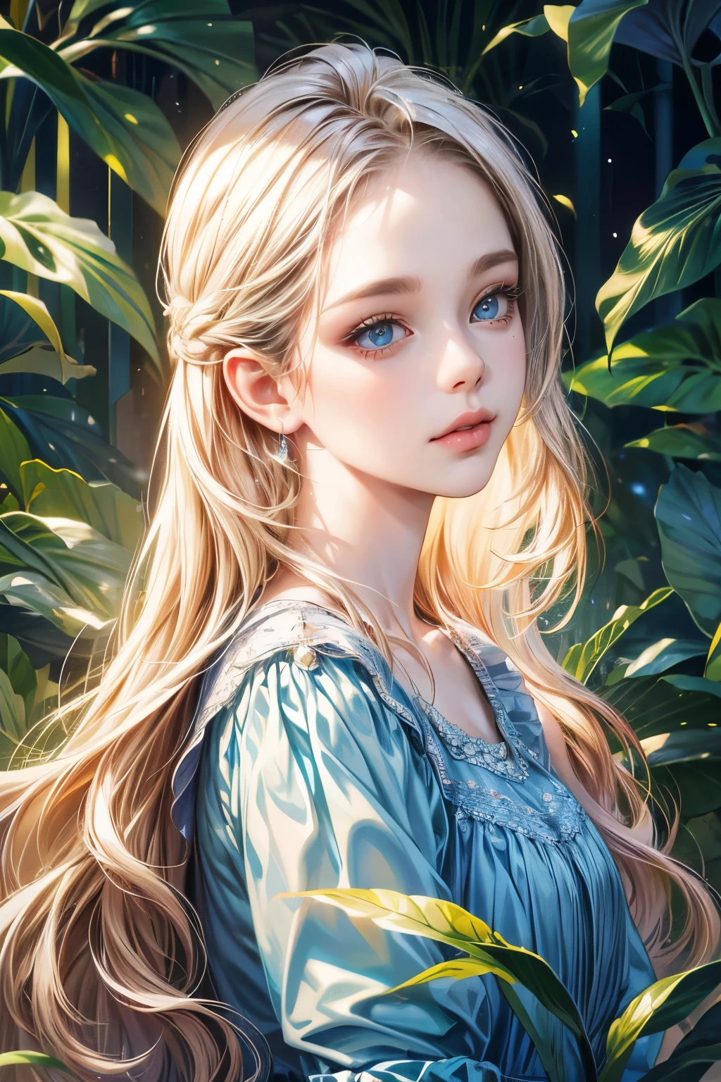 (best quality, 4k, 8k, highres, masterpiece:1.2), ultra-detailed, (realistic, photorealistic, photo-realistic:1.37), CG, upper body, one girl, alone, Thumbelina, little princess, blue taffeta court dress, forest background, intricate facial features, almond-shaped eyes, intricate eye makeup, long eyelashes, bright and clear large eyes with a starry gaze, detailed lip features, soft style