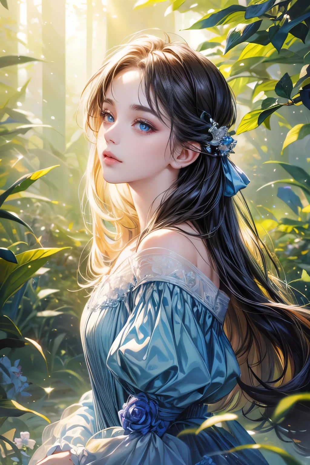 (best quality, 4k, 8k, highres, masterpiece:1.2), ultra-detailed, (realistic, photorealistic, photo-realistic:1.37), CG, upper body, one girl, alone, Thumbelina, little princess, blue taffeta court dress, forest background, intricate facial features, almond-shaped eyes, intricate eye makeup, long eyelashes, bright and clear large eyes with a starry gaze, detailed lip features, soft style