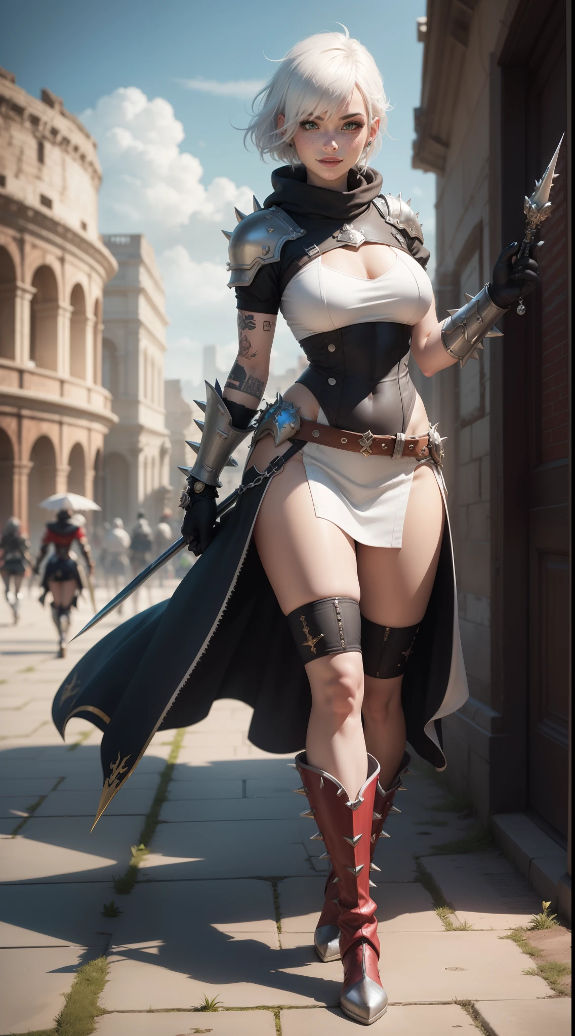 gwen tennyson,yorha 2b,tracer,y'shtola rhul,overwatch,warcraft,close up,roman coliseum,battle arena,tattoos,white and red plugsuit,white short sleeve gladiator top,white and red spiked gladiator hoodie,full body spiked armor,spiked gladiator leggings,gladiator corset,long dress train,short hair,punk makeup,green eyes,multicolored silver hair,spiked gloves,sexy smile,freckles,beautiful girl,spiked high boots,large breasts,8k,ultra detailed,realistic,fantasy art,gladiator uniform, hair pin,ear piercings,(weather:windy),1girl, gladiator spiked mace,