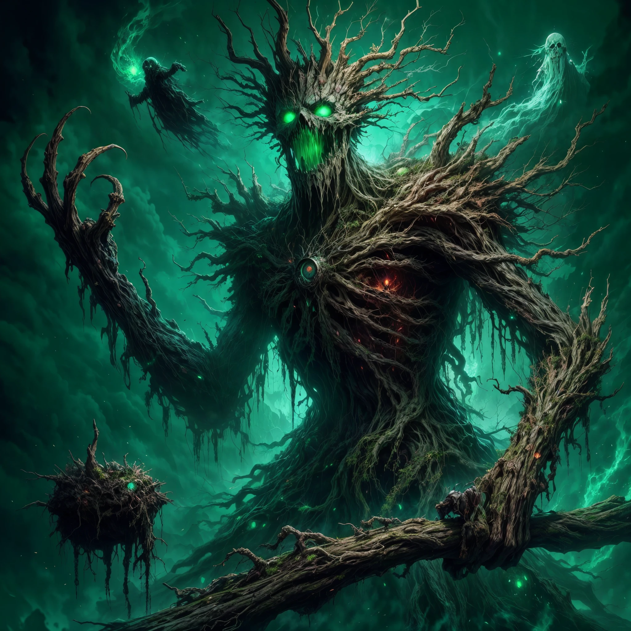 dark soul boss,elden Ring style,a corrupted tree man, an eldritch being inside a tree, 8 long thick root came from the back, corrupted wood hand and arm,  holding a runic dead tree branch as a spear, toxic fruit as bomb,thick trunk tentacles,glowing green eye,death green aura, open mouth, holding corrupted death fruit, astral ghost flying around, 