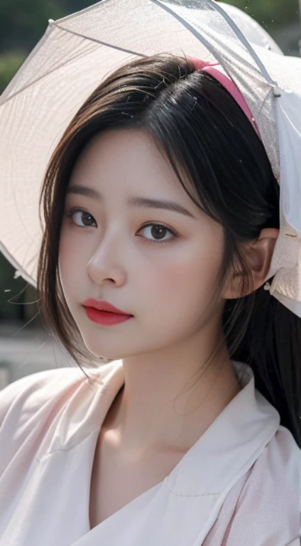 a girl in a white outfit is seen in the rain, in the style of light red and light pink, chinapunk, detailed facial features, i can't believe how beautiful this is, hyper-realistic water, cottagecore, chinese cultural themes 