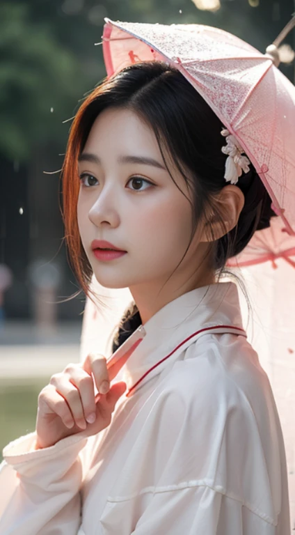 a girl in a white outfit is seen in the rain, in the style of light red and light pink, chinapunk, detailed facial features, i can't believe how beautiful this is, hyper-realistic water, cottagecore, chinese cultural themes