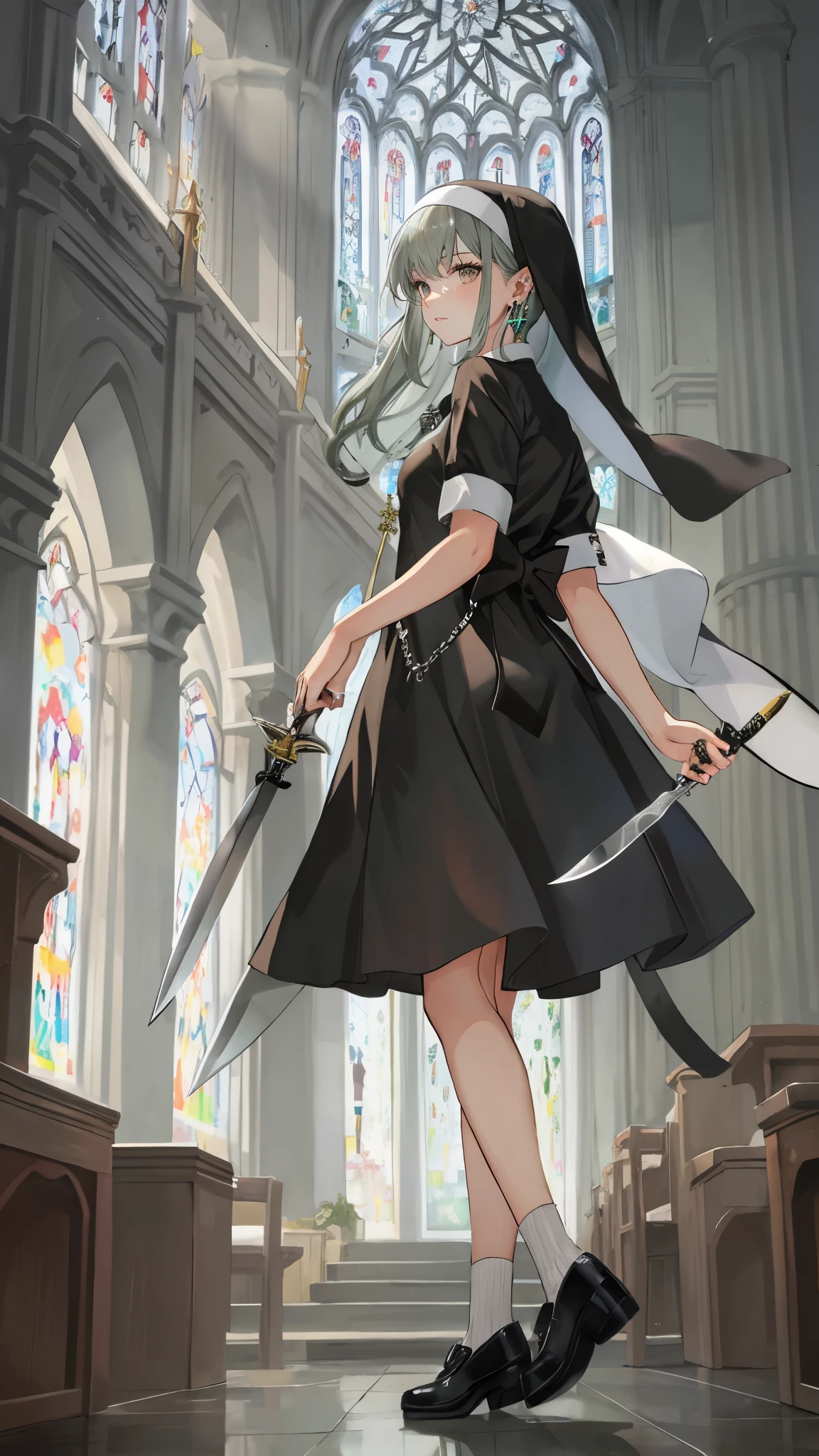 Short gray-green hair,close up,dream world,Nun sister,loose nun, Gray-brown eyes that have lost their highlights,abbey,pray,tear nevus,earrings,(earrings,Holding a short knife),necklace,bow tie,humanoid,Mirror,Church background, her skin is white, fair complexion,Short gray-green hair发, flat shoes,Short socks