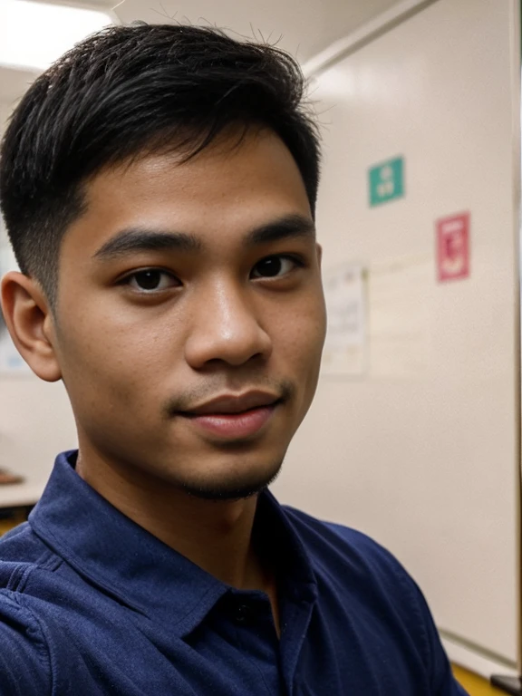a selfie of a malay man, good looking,  ((light skin)),in the classroom, 19-year-old, ((very short hair)) bokeh