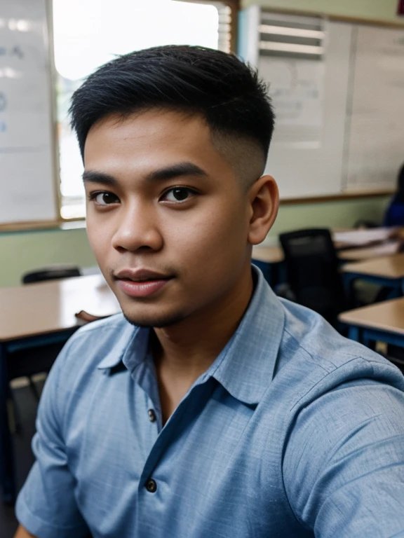 a selfie of a malay man, good looking, ((light skin)),in the classroom, 19-year-old, ((very short hair)) bokeh