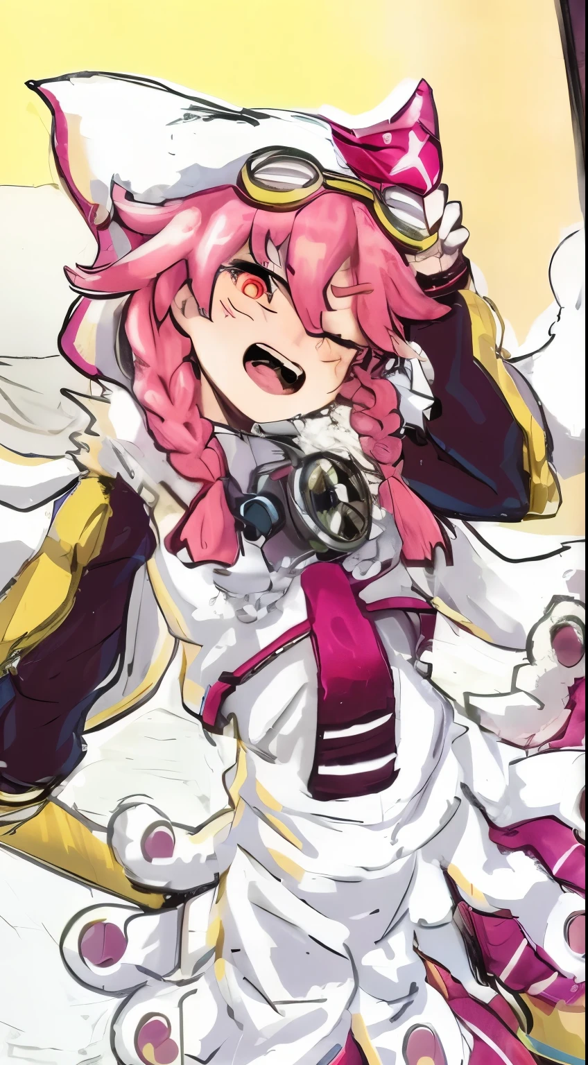 Anime girl with pink hair and a gas mask, humanoid pink female squid girl, a brutal valentine, do pubic poses, haruno sakura, full color manga visual style, anime cover, league of legends annie, anime moe art style, symphogear, marin kitagawa fanart, wataru kajika, Konachan