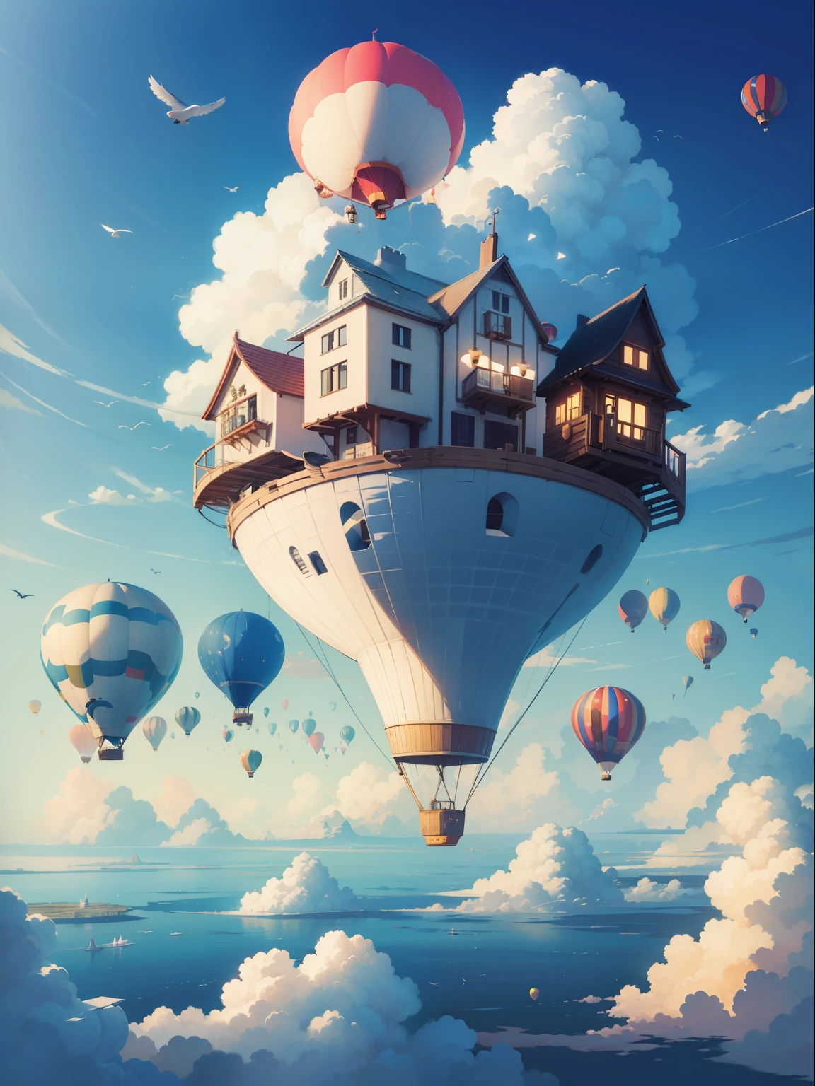 A whimsical floating city in the sky, houses on clouds, hot air balloons navigating, birds wearing hats flying by, a world where the ordinary meets the extraordinary, Illustration, digital drawing in Procreate