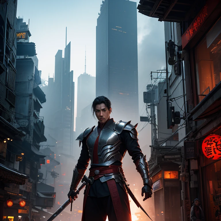 Science fiction and martial arts novels，The male protagonist is 27 years old，Excalibur in hand，Handsome，sharp eyes，Tall and mighty，Wearing a metal suit，Background cyberpunk city，CG