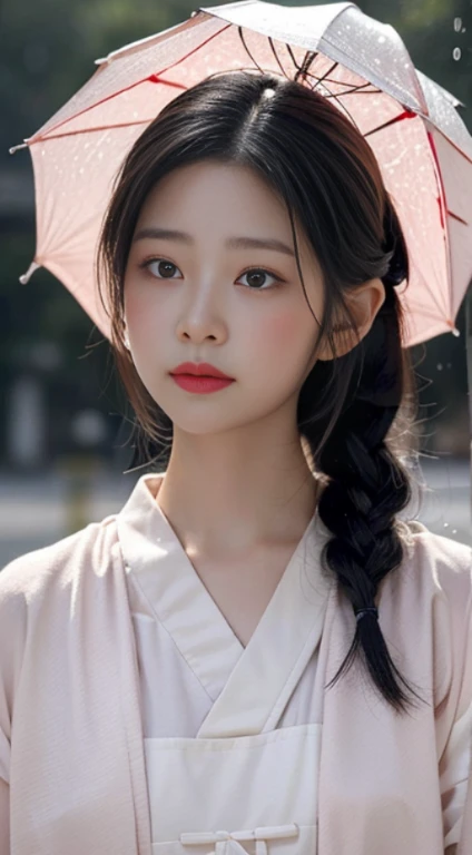 a girl in a white outfit is seen in the rain, in the style of light red and light pink, chinapunk, detailed facial features, i can't believe how beautiful this is, hyper-realistic water, cottagecore, chinese cultural themes 