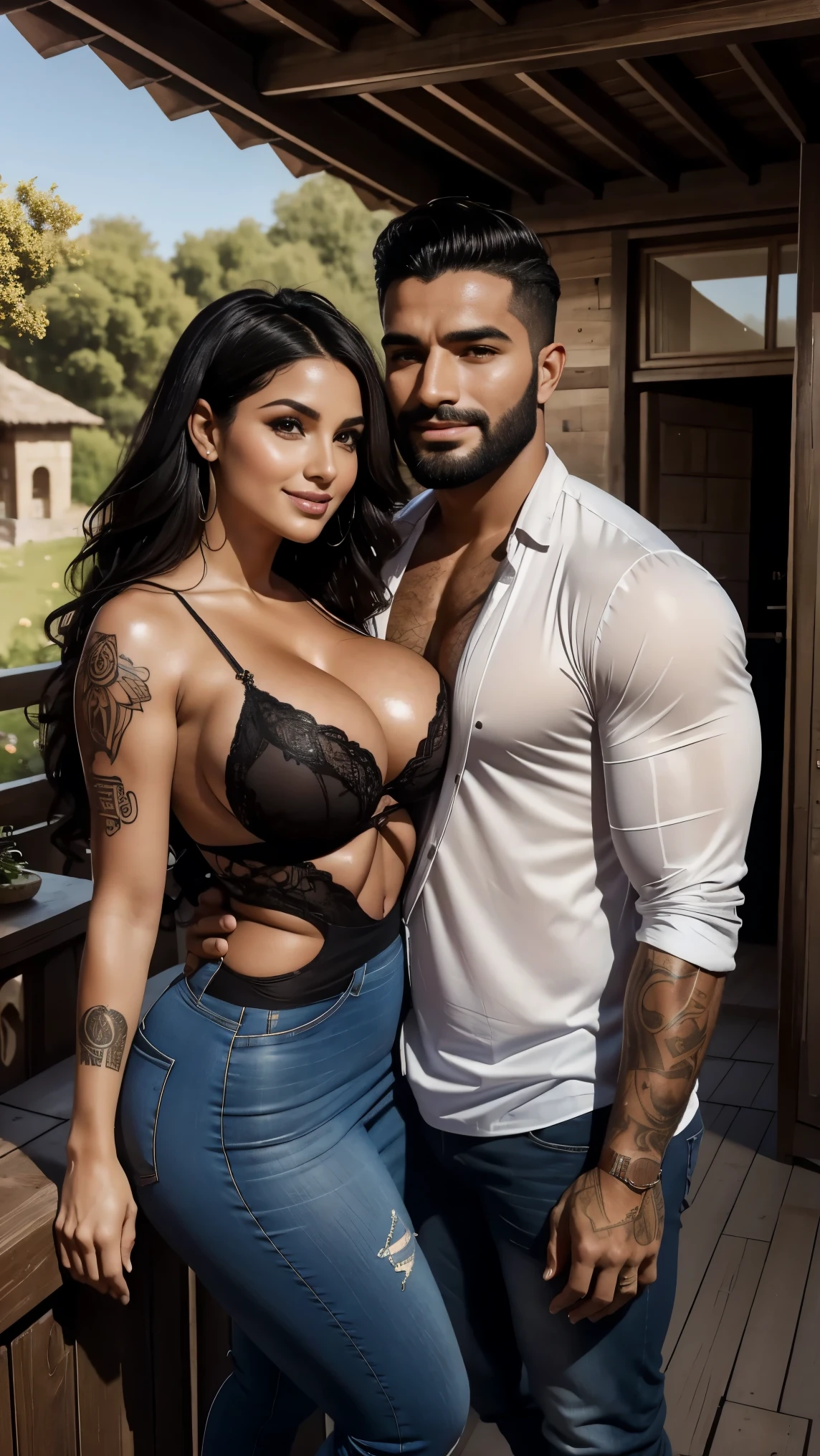 Mulher e homem Latinos, they are both 30 years old, couple romantic pose. Ela veste vestido, has very long, wavy black hair, Rosto chubby lindo, corpo chubby, corpo perfeito, voluptuous curvy body, seios enormes, bunda empinada, skin oiled, Olhos detalhados, detailed hands. Ele veste camisa regata e bernuda, tem cabelo preto liso undercut, rosto lindo perfeito, rosto delicado, Symmetrical face, ele tem olhos castanho claros, barba feita, boca pequena linda levemente rosada, corpo bodybuilder, he has a tattoo on his right arm. On the terrace of a rustic house. Both looking happily smiling at the camera. He is a little taller than her.