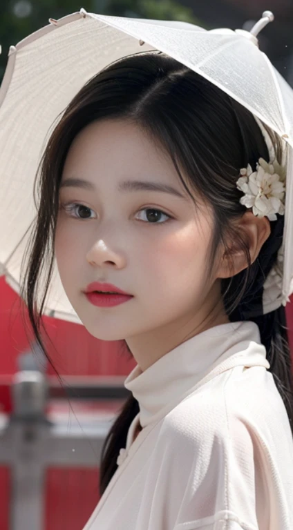 a girl in a white outfit is seen in the rain, in the style of light red and light pink, chinapunk, detailed facial features, i can't believe how beautiful this is, hyper-realistic water, cottagecore, chinese cultural themes