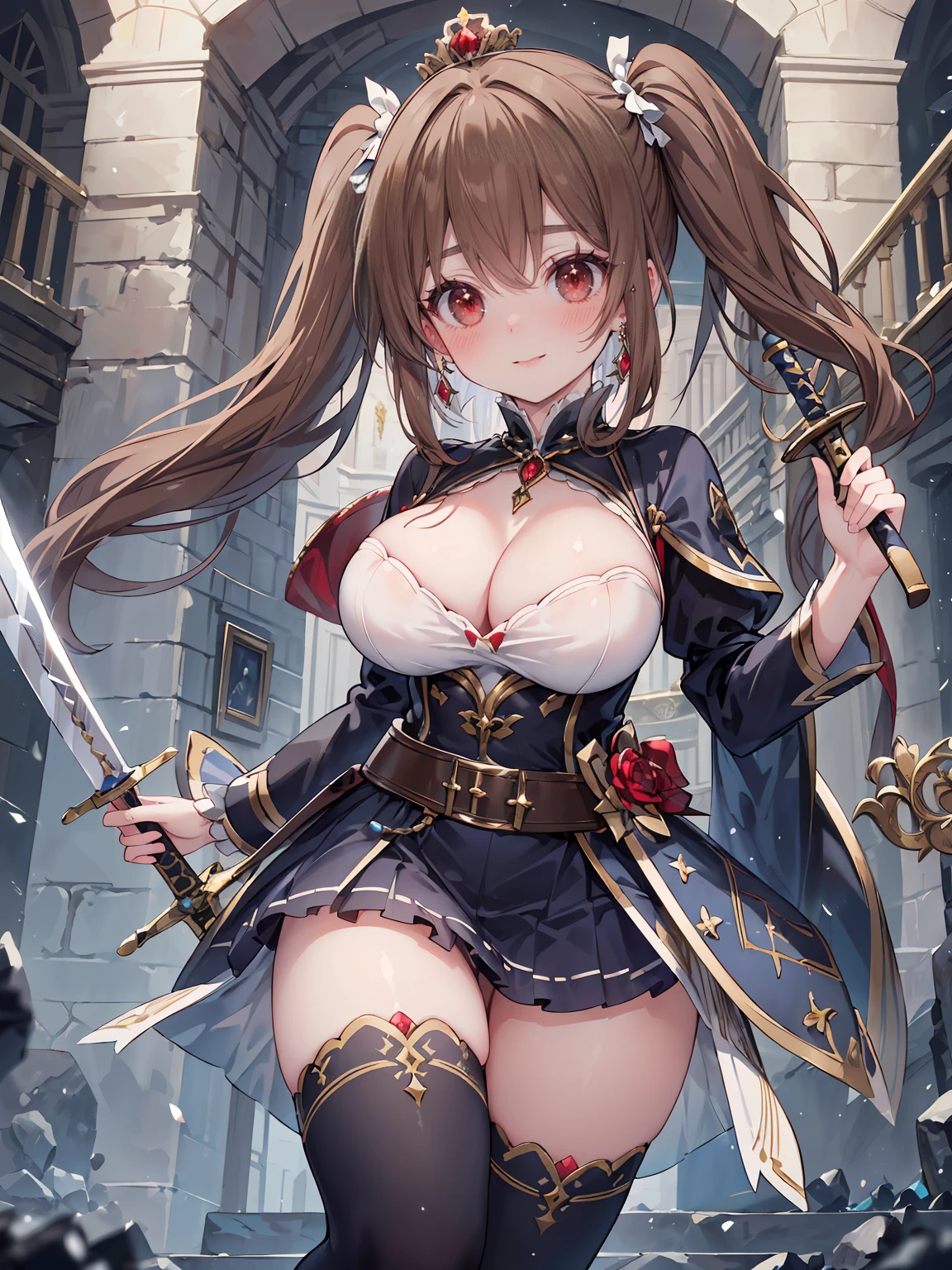((8K masterpiece,highest quality)), ultra high resolution, hyper detail, (1 girl), beautiful face, beautiful and delicate eyes,((red eyes)),Big eyes,shining eyes of light,Thin and long eyelashes,detailed light,((brown hair)),((long hair)), ((twin tails)),big breasts,(very large thighs),thin waist,blush,(grinning smile),troubled face,(please open your mouth wide),(royal swordsman),(((Hold Sword))),silver holy armor,sacred belt around the waist,sapphire crown,gold necklace,sapphire earrings,silver hair ornament,white knee socks,scattered treasures,ambition,(royal family of darkness),(Inside the castle),action pose,motion blur,Depth of written boundary,spectacular panoramic view,angle from below