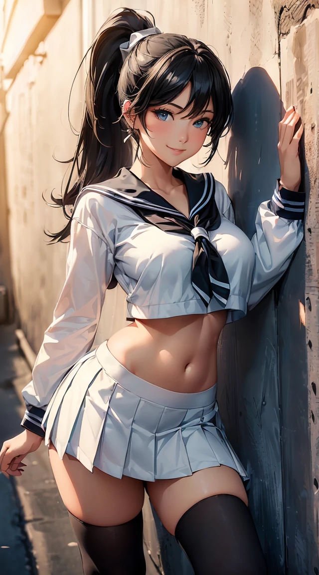 (masterpiece, highest quality, ultra high res, ultra detailed:1.3), 1 cute girl, ideal ratio body proportions, blue medium hair, high ponytail,  uniform, clothes covered nipples, blue pleated mini skirt, (white panties, high kicking the viewer:1.4), angry look, cameltoe, dynamic angle, 