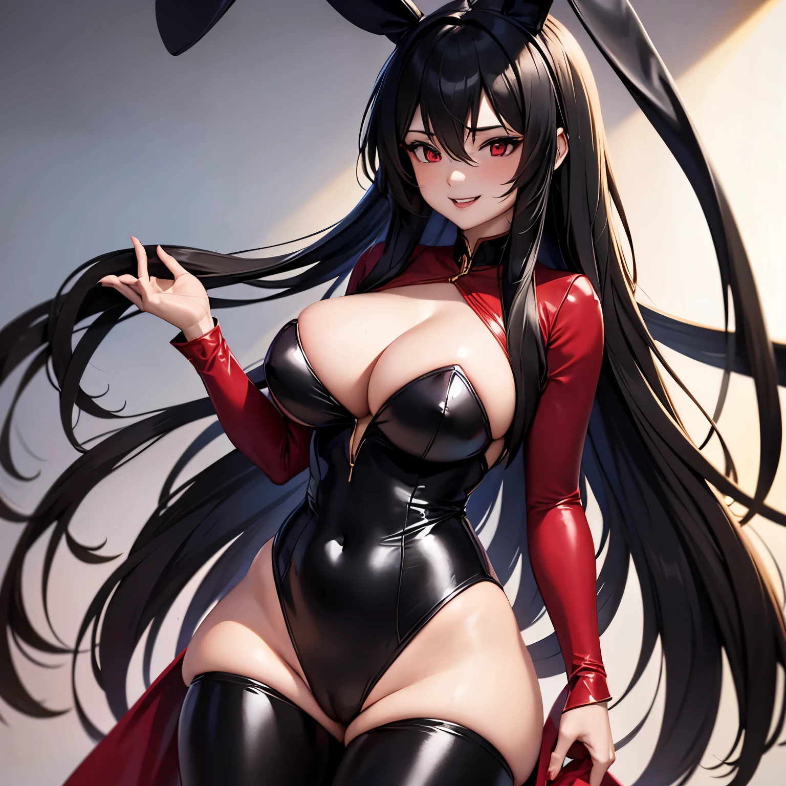 Anime Girl, Black Long Hair, Red Eyes, Smile, Beauty, Hourglass figure, bunny suit cosplay, from view, beautiful
