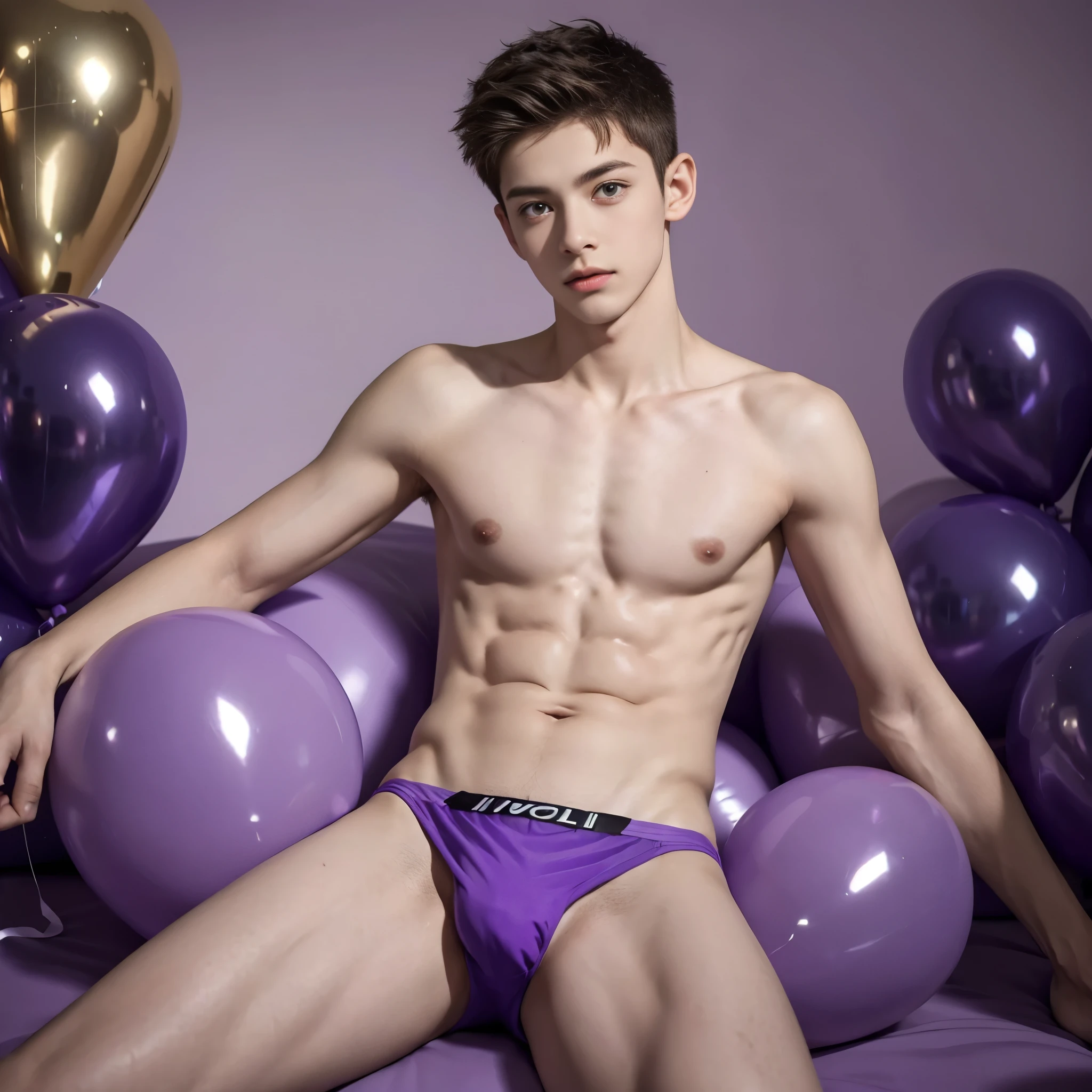 15-year-old boy, lying on big violet balloons, wearing violet speedos, shirtless, abs, thin body, slim body, skinny body, handsome, teenager, young boy, youthful, boyish, cute, photography, realistic, big violet balloons, indoor soft lighting