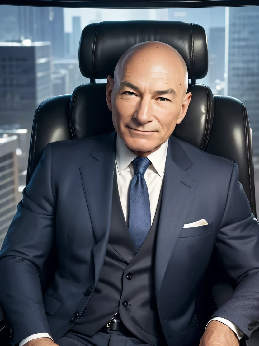 ((masterpiece、highest quality、genuine、Super detailed、High resolution、photogenuineistic、sharp focus、cinematic lighting))、bust shot、Fine skin texture、detailed fabric texture、detailed face、intricate details、1 male、Patrick Stewart、smile、focus from the chest up、professorX、wearing a business suit、American comic、ride in a futuristic wheelchair、look at the audience、the background is a tall building