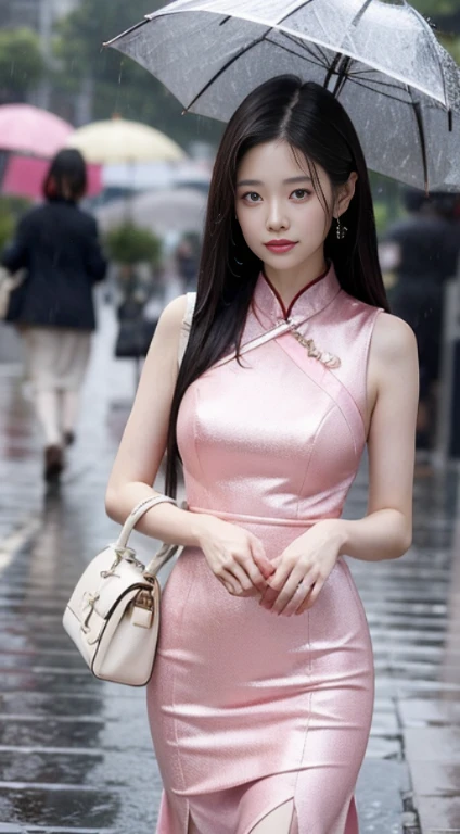 araffe asian woman in pink dress holding umbrella in rain, gorgeous chinese model, beautiful asian girl, chinese girl, beautiful girl model, pretty girl standing in the rain, very beautiful girl, chinese style, asian girl, chinese woman, beautiful asian woman, raining portrait, beautiful model girl, by Fan Qi, beautiful south korean woman, wet from rain, by Ye Xin