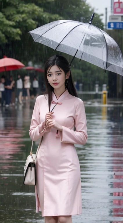 araffe asian woman in pink dress holding umbrella in rain, gorgeous chinese model, beautiful asian girl, chinese girl, beautiful girl model, pretty girl standing in the rain, very beautiful girl, chinese style, asian girl, chinese woman, beautiful asian woman, raining portrait, beautiful model girl, by Fan Qi, beautiful south korean woman, wet from rain, by Ye Xin