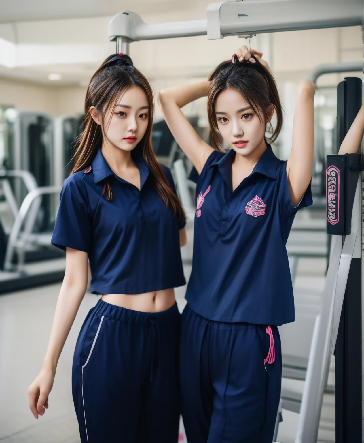 2 girls in fitness center, Navy blue short-sleeved shirt,Navy Long Trackpant,Sweatpants, Sweatpantsขายาว,25 year old girl, lesbian, sexy, exercise clothes, wet body, exercise clothes