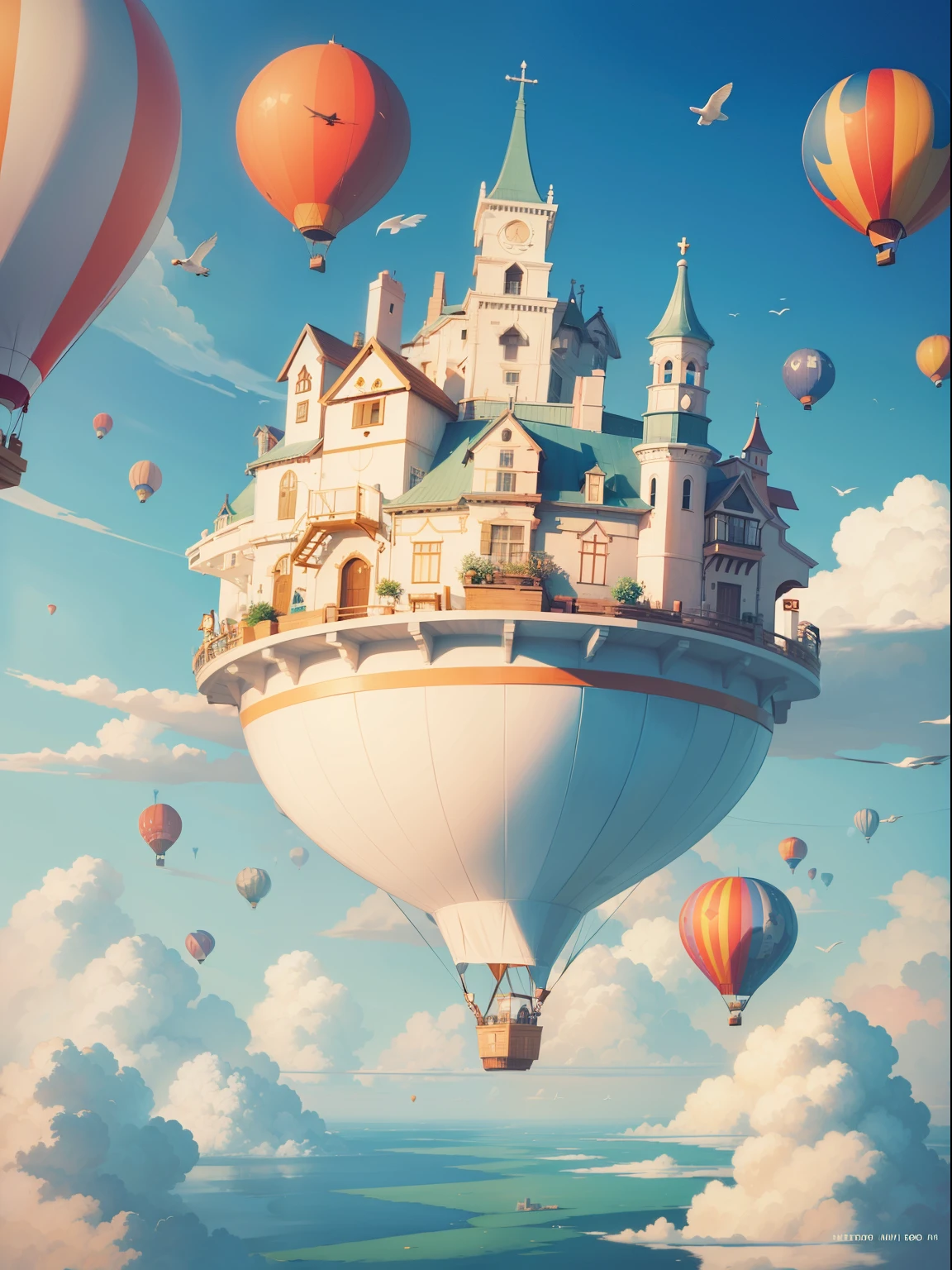 A whimsical floating city in the sky, houses on clouds, hot air balloons navigating, birds wearing hats flying by, a world where the ordinary meets the extraordinary, Illustration, digital drawing in Procreate