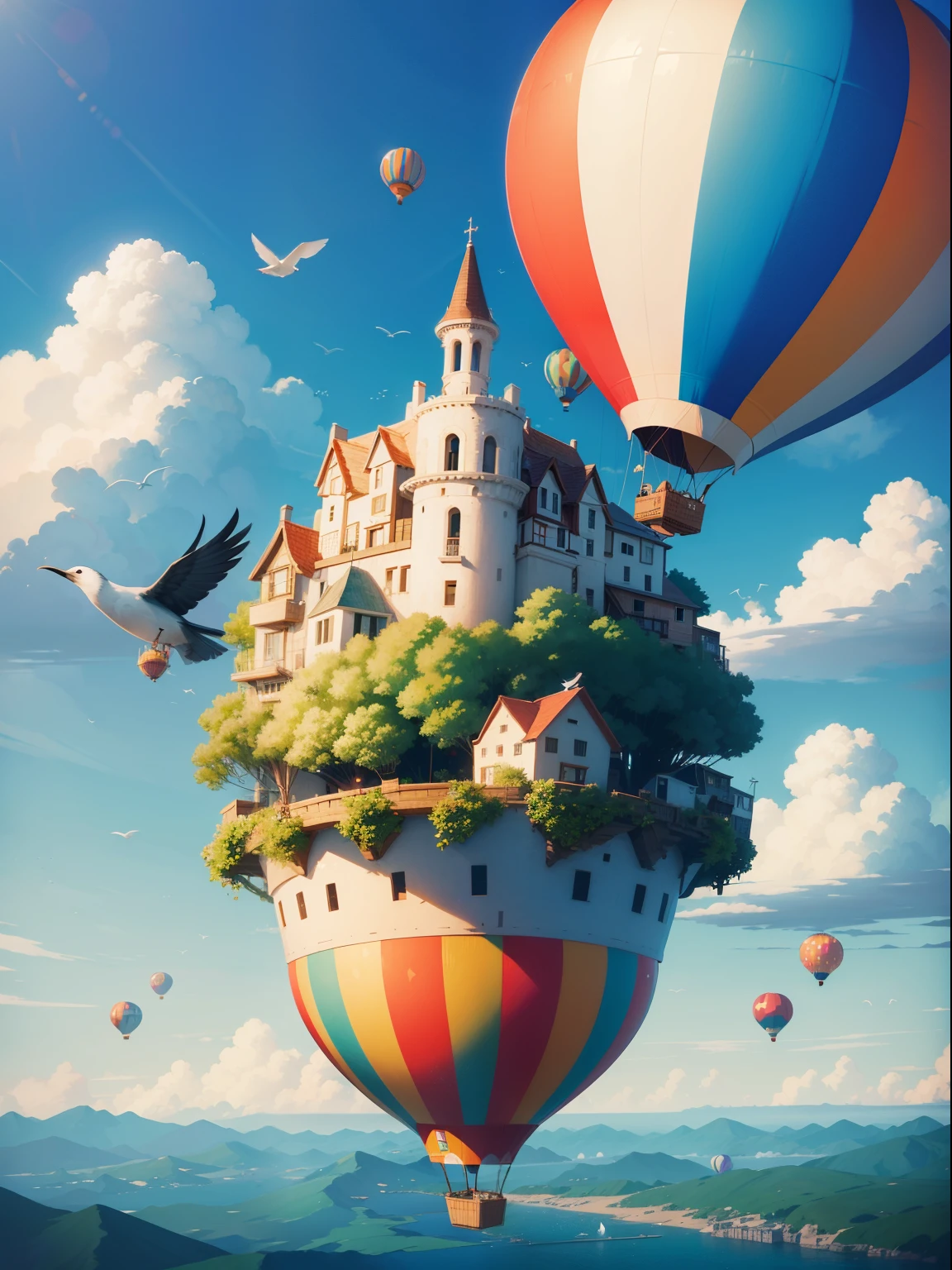 A whimsical floating city in the sky, houses on clouds, hot air balloons navigating, birds wearing hats flying by, a world where the ordinary meets the extraordinary, Illustration, digital drawing in Procreate