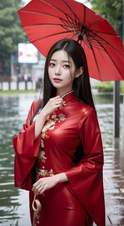 araffe asian woman in red dress holding umbrella in rain, gorgeous chinese model, beautiful asian girl, chinese girl, beautiful girl model, pretty girl standing in the rain, very beautiful girl, chinese style, asian girl, chinese woman, beautiful asian woman, raining portrait, beautiful model girl, by Fan Qi, beautiful south korean woman, wet from rain, by Ye Xin