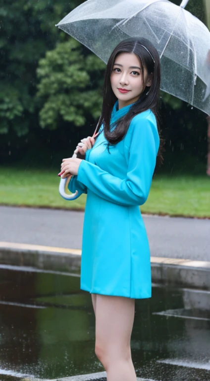 araffe asian woman in blue dress holding umbrella in rain, gorgeous chinese model, beautiful asian girl, chinese girl, beautiful girl model, pretty girl standing in the rain, very beautiful girl, chinese style, asian girl, chinese woman, beautiful asian woman, raining portrait, beautiful model girl, by Fan Qi, beautiful south korean woman, wet from rain, by Ye Xin