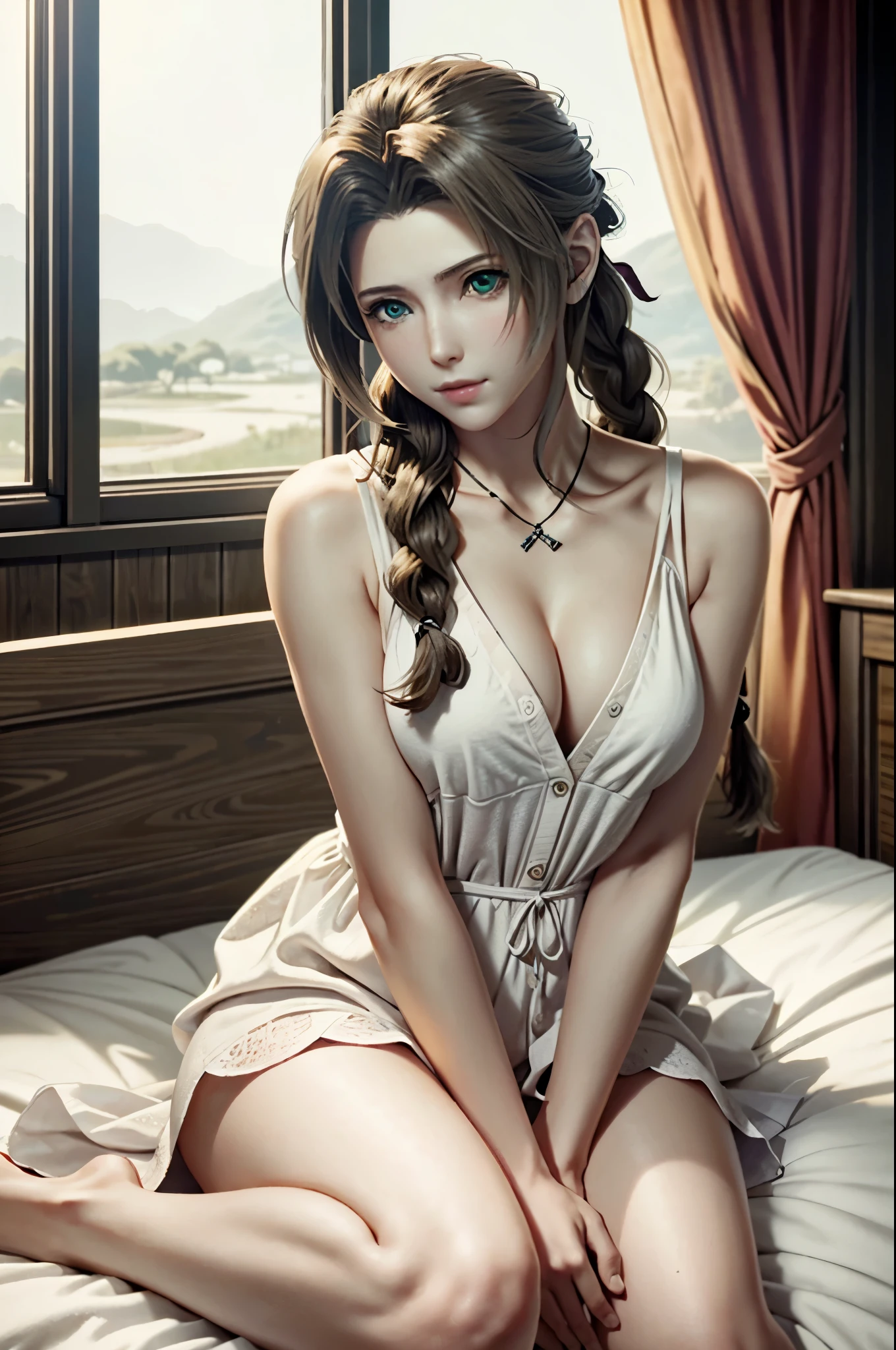 ((ultra detailed, masterpiece, best quality)) FF7Aerith, 1girl, solo, single braid, green eyes, brown hair, sit on bed