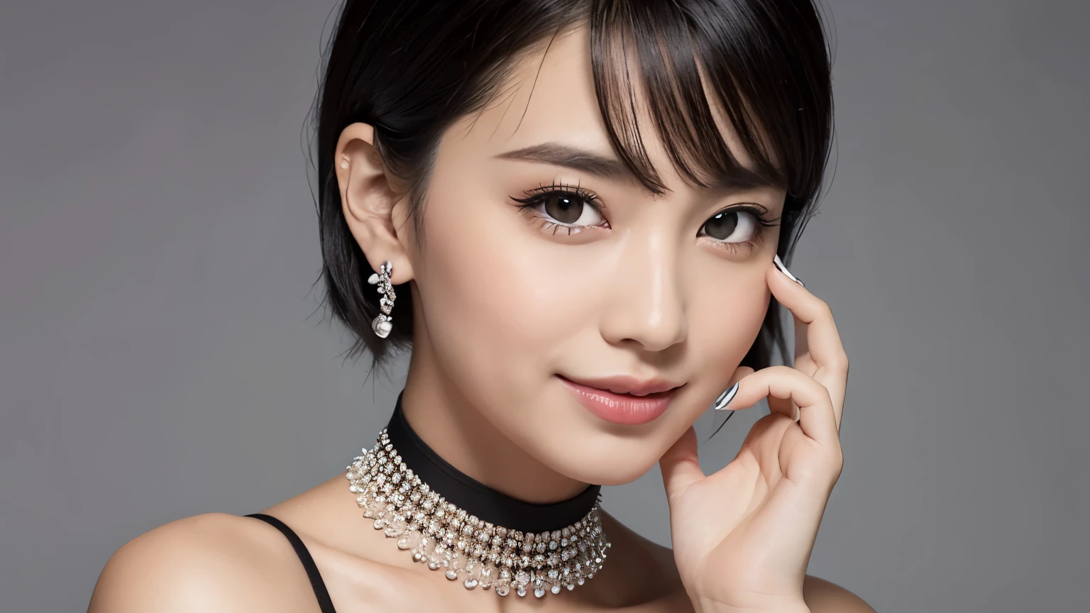 pilyeon, solo, 1girl, black nails, jewelry, short hair, looking at viewer, choker, necklace, hand on own face, piercing, white background, heart, closed mouth, grey eyes, nail polish, simple background, grey hair, ear piercing, black choker, smile, eyelashes, lips, hand on own cheek, bangs, bracelet, beads, gem, earrings, fingernails