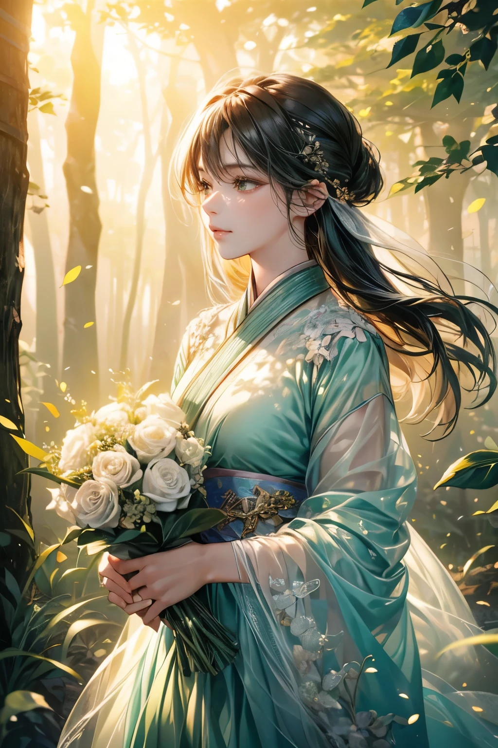 (with soft strokes), exquisite (Exquisite: 1.1), 梦幻kind的, Gradient hue, (瓷娃娃kind的: 1.1), Gentle temperament, Holding a bouquet, soft light, Fresh tones, dark green leaves, misty forest, Sunset rendering, (exquisite: 0.9), (kind: 0.9),Realistic details, (natural lighting: 1.1).