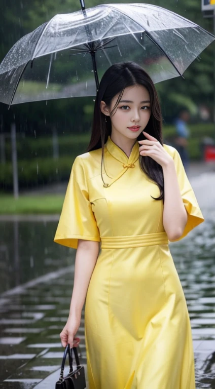 araffe asian woman in yellow dress holding umbrella in rain, gorgeous chinese model, beautiful asian girl, chinese girl, beautiful girl model, pretty girl standing in the rain, very beautiful girl, chinese style, asian girl, chinese woman, beautiful asian woman, raining portrait, beautiful model girl, by Fan Qi, beautiful south korean woman, wet from rain, by Ye Xin