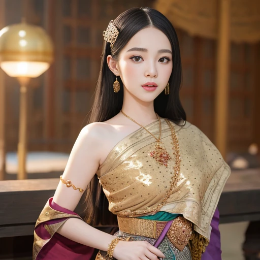 ,Thai woman, 28 years old, sarong dress with traditional Thai pattern, strapless, open shoulders. Thai pattern gold jewelry,long black hair,Crown,red mouth,Beautiful face,Behind the scenes of an ancient Thai temple,cinematic tone