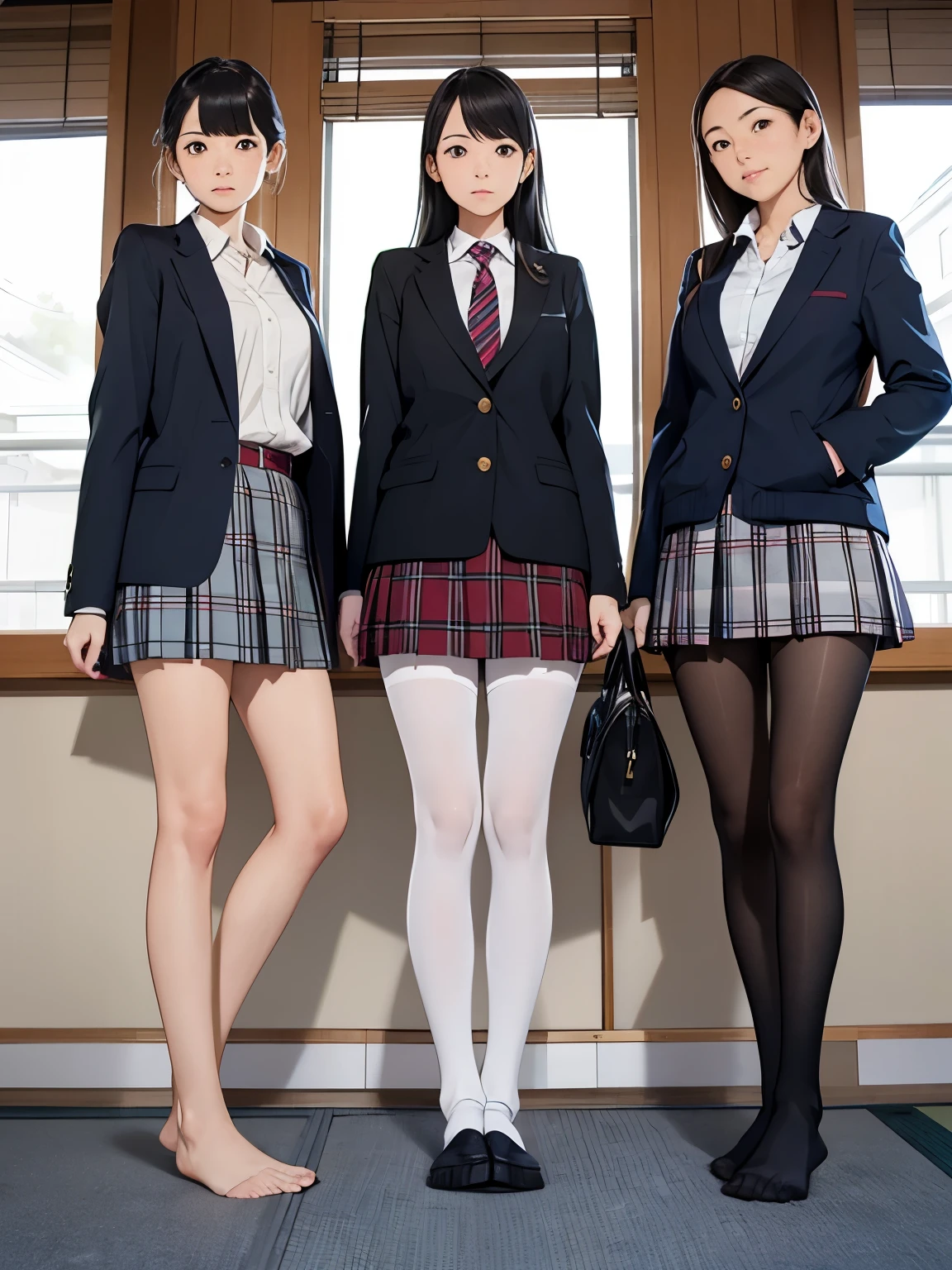 masutepiece, Best Quality, Five girls in the classroom,(5 people standing:1.2),Standing,Teenage, Looking at Viewer,l Group shot, harems,nffsw,Retro underwear,(pantiy),Realistic,School uniform,(Dark blue blazer and white shirt) ,(Dark blue pleated skirt),Blue Ribbon ,(Looking back, ass grab:0.9),(Beautiful eyes:1.3),frombelow,From below,Kinney,(skinny:1.2) ,Slender thighs, Long body, novel illustration,(Smelly eyes:0.5),closed curtains,(shirts lift,lifted by self:1.5) ,Dark Persona.Skirt lift front,(Panties:1.3),