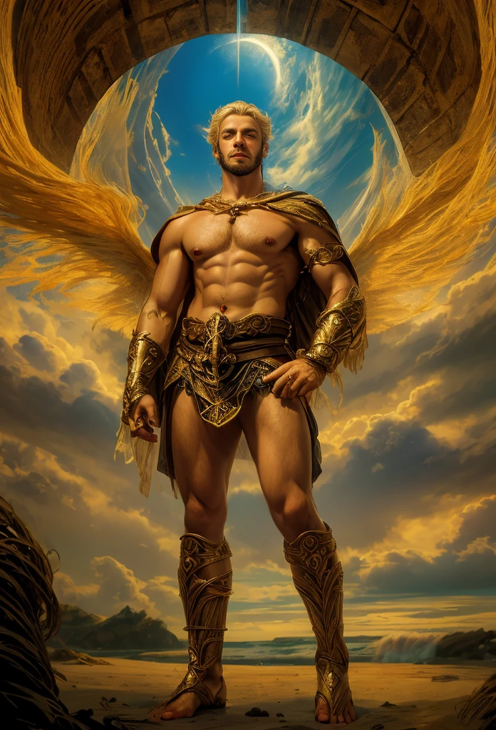 um retrato de(( um homem belo como os Deuses )) com barba, ((peitoral forte e largo)), pernas fortes e musculosasin high definition, em 8K de ((um homem)) de 18 anos, (( Homem)), Deus do Mar, Deus do Oceano, Luthien, arte de deus, Deus da mitologia grega, Deus da Lua, Deus do amor e da paz, deus bonito, Mitologia do Deus da Terra, o deus Eros, Um retrato impressionante de um deus, Frank Kelly Freas, Estilo Karol Bak, ((beautiful face)), Ultra Definition, melhor qualidade, 32k ultra , Ultra HD