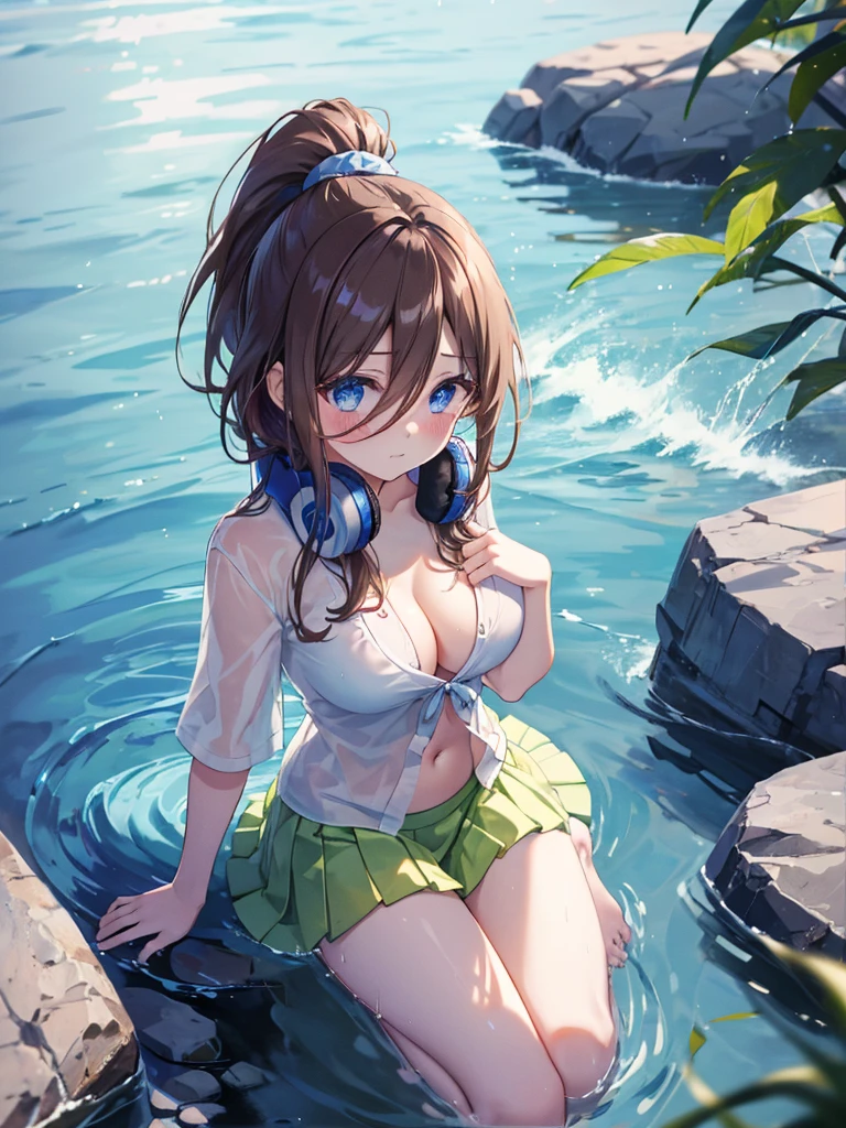 masterpiece, highest quality, 1 girl, (whole body), Miku, (brown hair), shy,blue eyes, blush,Some wore 紺色water着s, 1 girl, water着, alone, water着(紺色のwater着:1.3), covered navel, black hair, looking at the viewer, water, chest, barefoot, seaside, (ponytail),clothes shiny, 競技water着, Day, big breasts, bangs, shiny, (Wet),shine of light,