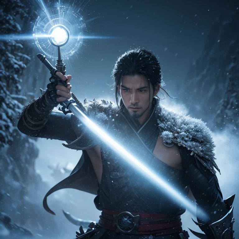 Science fiction and martial arts novels,The male protagonist is 27 years old,Excalibur in hand,Handsome,sharp eyes,Tall and mighty,Wearing a metal suit,Background cyberpunk city,CG(close look), 1 person, single focus, aldult, pale face and young adult, short black hair, Black trench coat, god of frost, actual, looking at camera, pope, the emotionless king, Frost Mountain, Summon Frost and Snow, leo trumpet. kennedy, Handsome, attractive, Slightly muscular, Cinema lighting, Unreal Engine, Popular topics on Artstation, intricate details, main part, best quality, Herakli Nadal, Greg Rutkoski,(((best quality))),(((Super detailed))),(((main part)))