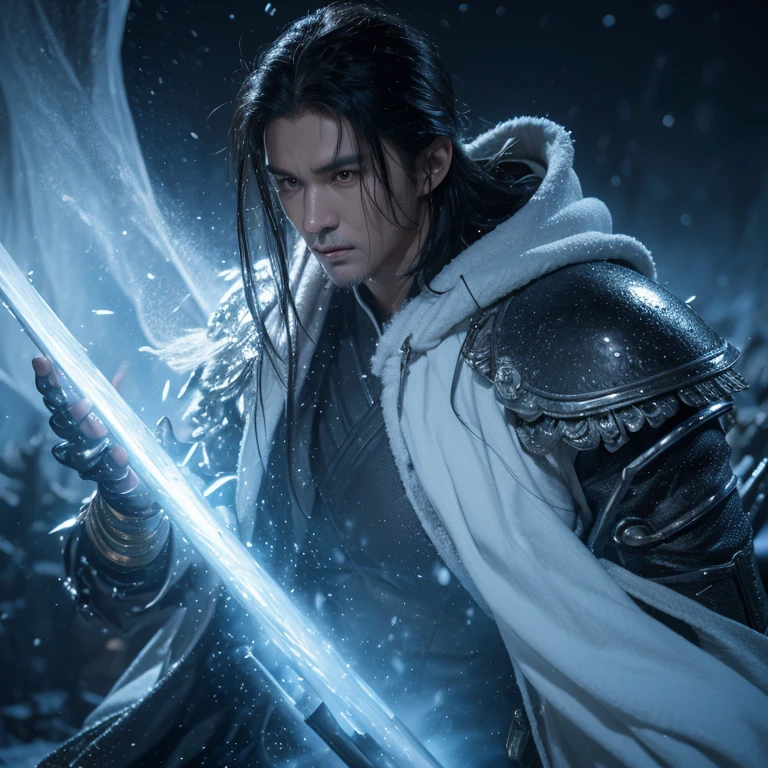 Science fiction and martial arts novels，The male protagonist is 27 years old，Excalibur in hand，Handsome，sharp eyes，Tall and mighty，Wearing a metal suit，Background cyberpunk city，CG(close look), 1 person, single focus, aldult, pale face and young adult, short black hair, Black trench coat, god of frost, actual, looking at camera, pope, the emotionless king, Frost Mountain, Summon Frost and Snow, leo trumpet. kennedy, Handsome, attractive, Slightly muscular, Cinema lighting, Unreal Engine, Popular topics on Artstation, intricate details,  main part, best quality, Herakli Nadal, Greg Rutkoski，(((best quality))),(((Super detailed))),(((main part)))