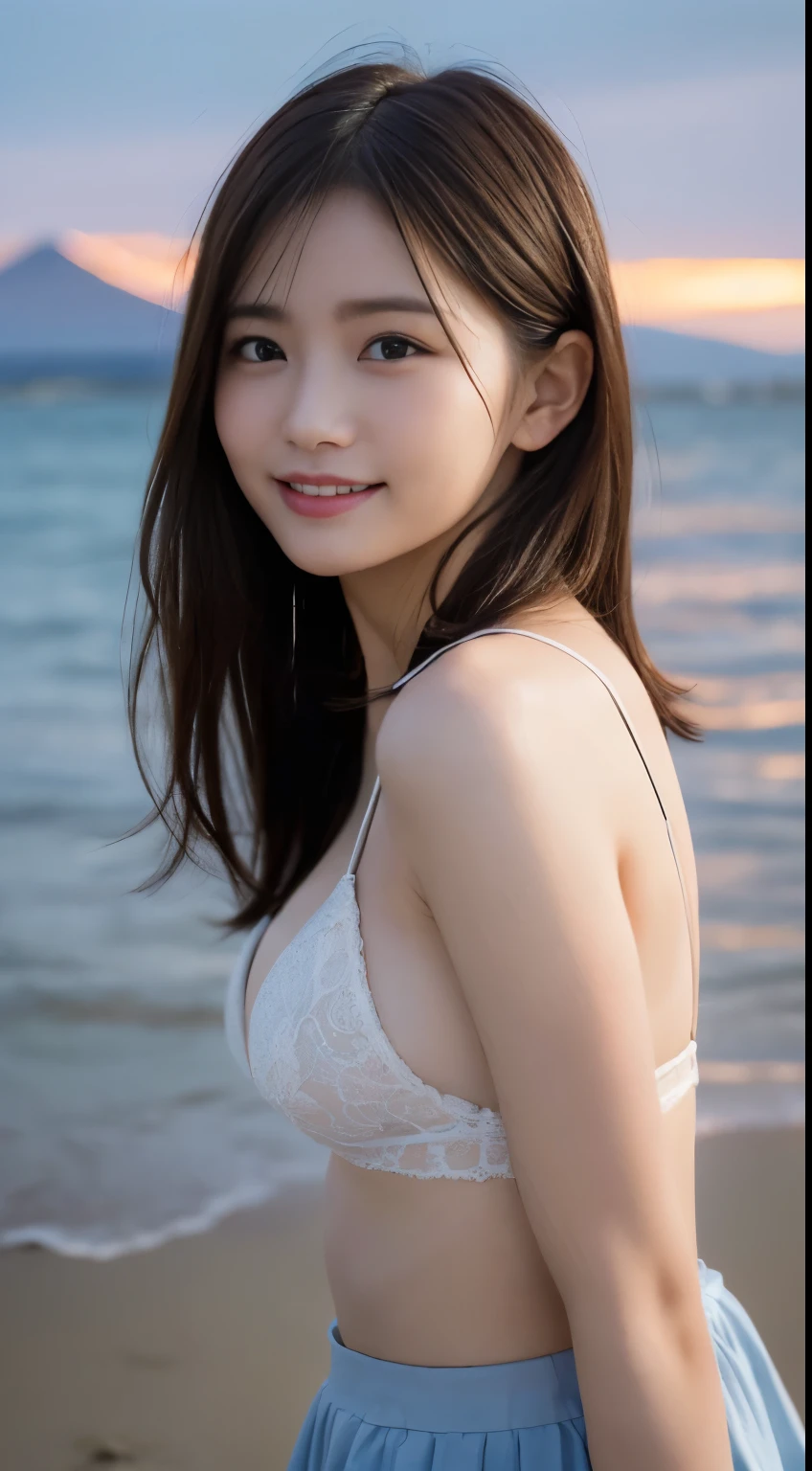 8K, (超realistic: 1.35), (realistic: 1.4), one personの美しい日本人の女の子, smile, one person, light makeup, masterpiece, 超High resolution, High resolution, one person, Sexy silk underwear、 puberty, one personの少女, ((perfect body)), ((best image quality)), ((time)), ((very delicate and beautiful)), ((Very shallow depth of field)), nffsw, ((incredibly shallow depth of field. Familiar)), (((very delicate and beautiful))), (((Very shallow depth of field))), nffsw, (((incredibly absurd))), (((perfect body))), (((look at the camera)))), (((normal size breasts))), (((serious face))), (((Hair can be long or short))), myself+background, dynamic angle, female focus, {particles of light}、 詳細なbackground、((paul hedley))、soft lighting、(dramatic)sunset、sunset、とても美しいsunset、live action、genuine、top angle、かわいいsmile、(backgroundぼかし)、18-year-old、thin、((Wind))、((movement))、((emotion))、((colorful))、((baby face))、((beautiful teeth))、backgroundは海、(((A very small Mt. Fuji can be seen far out into the sea.)))
