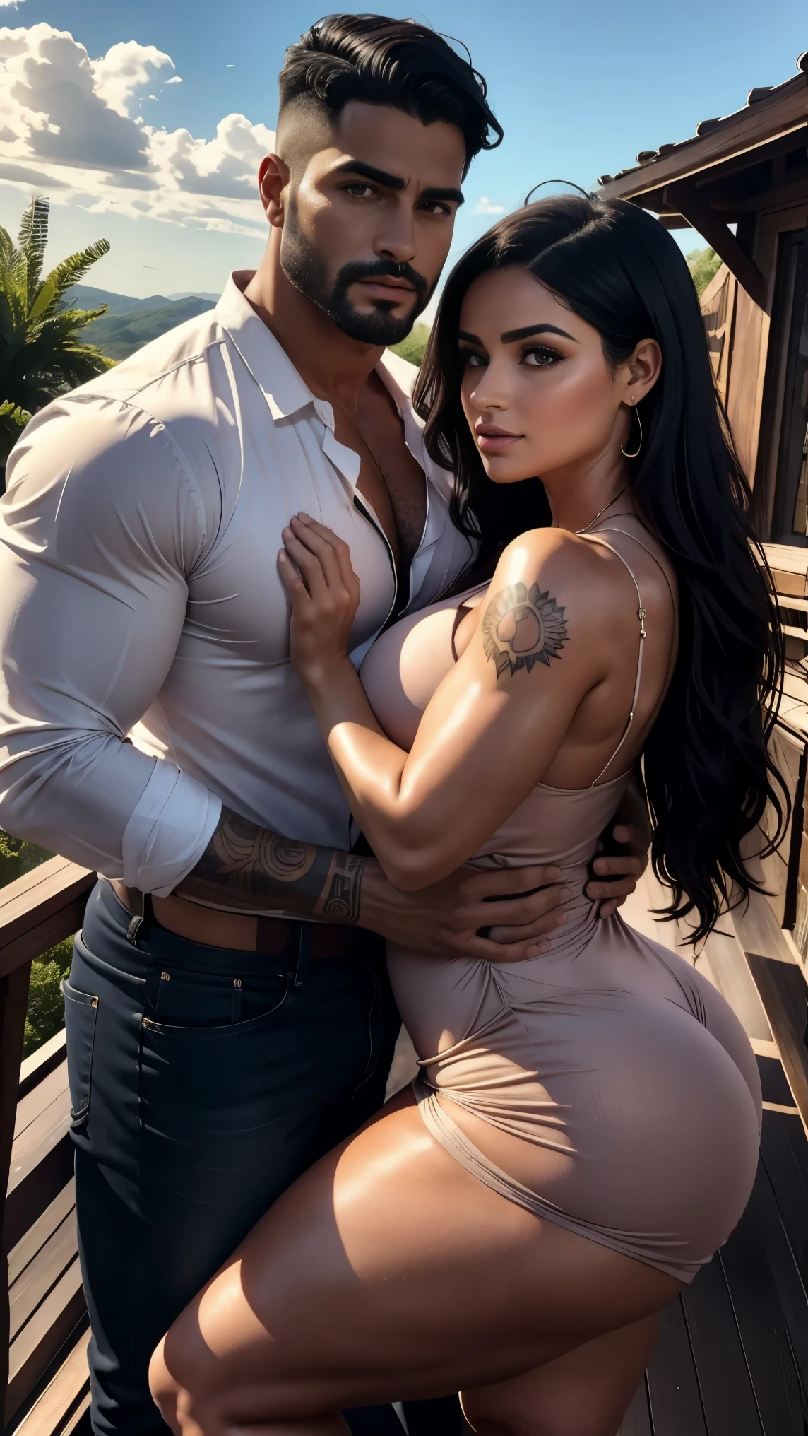 Mulher e homem Latinos se beijando, they are both 30 years old, Ela veste vestido, has very long, wavy black hair, Rosto chubby lindo, corpo chubby, corpo perfeito, voluptuous curvy body, seios enormes, bunda empinada, skin oiled, Olhos detalhados, detailed hands. Ele veste camisa regata e bernuda, tem cabelo preto liso undercut, rosto lindo perfeito, rosto delicado, Symmetrical face, ele tem olhos castanho claros, barba feita, boca pequena linda levemente rosada, corpo bodybuilder, he has a tattoo on his right arm. Couple is on the terrace of a rustic house. He is a little taller than her.