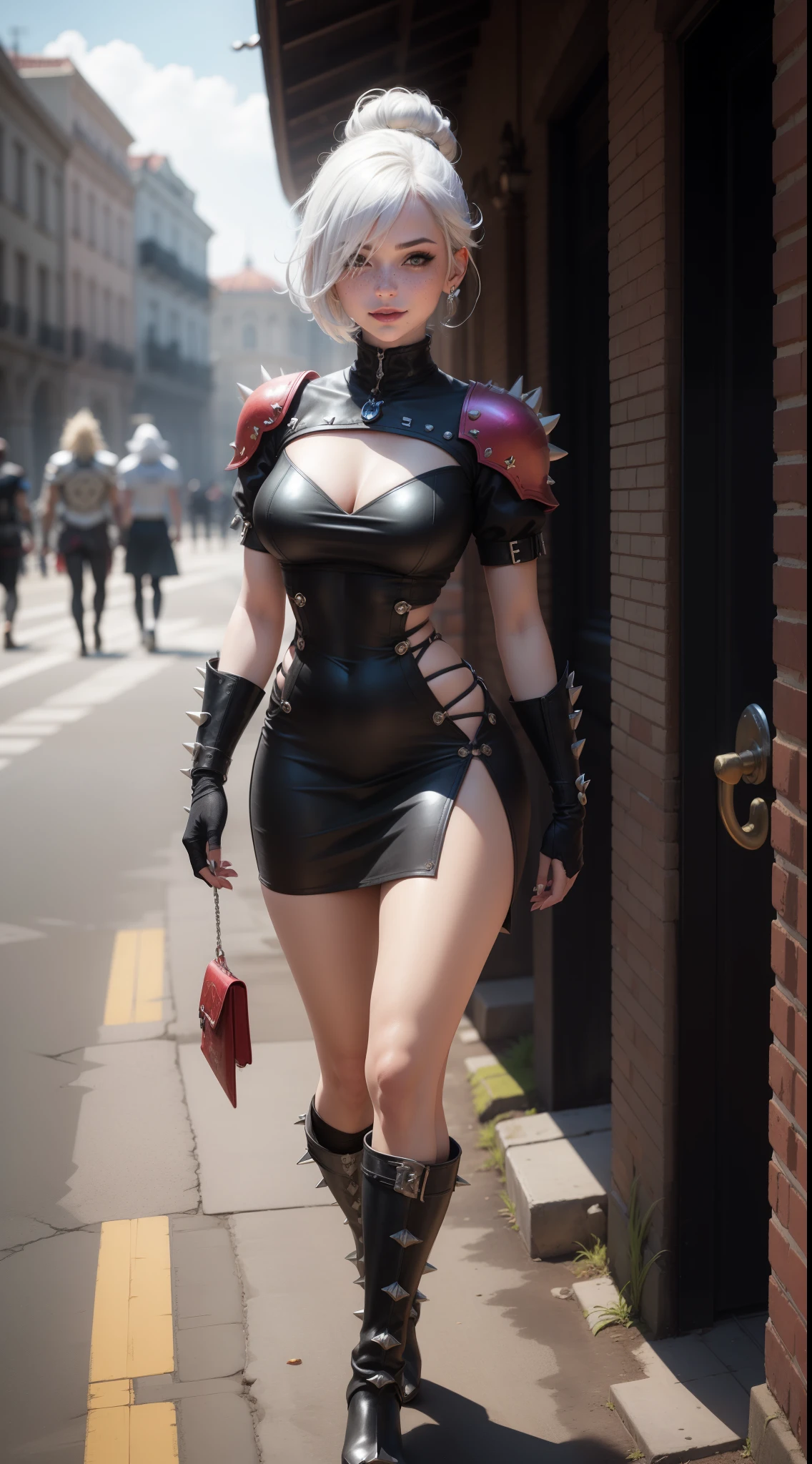 gwen tennyson,yorha 2b,tracer,y'shtola rhul,overwatch,warcraft,close up,roman coliseum,battle arena,tattoos,white and red plugsuit,white short sleeve gladiator top,white and red spiked gladiator hoodie,full body spiked armor,spiked gladiator shorts,gladiator corset,long dress train,short hair,punk makeup,green eyes,multicolored silver hair,spiked gloves,sexy smile,freckles,beautiful girl,spiked high boots,large breasts,8k,ultra detailed,realistic,fantasy art,gladiator uniform,hair pin,ear piercings,(weather:windy), 1girl,gladiator spiked mace,