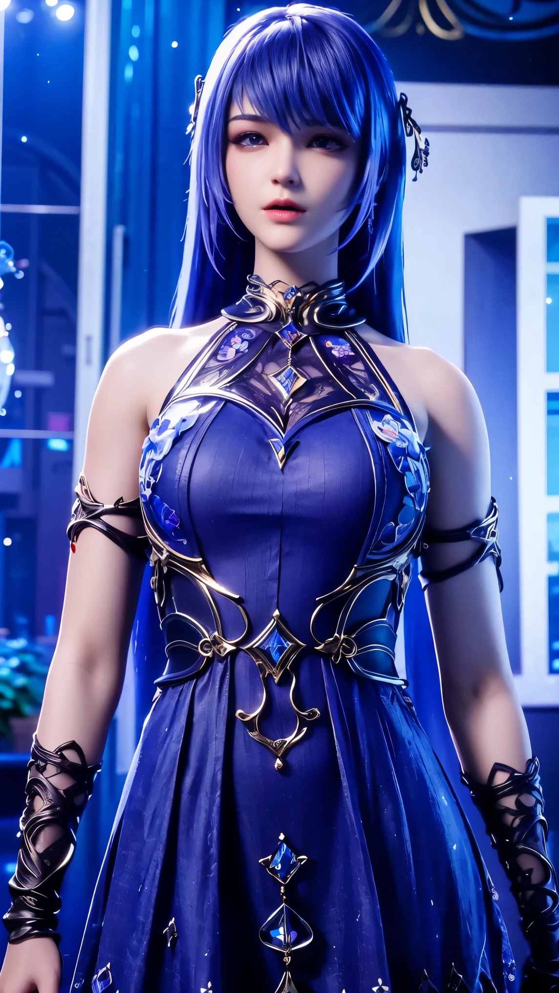 1 girl, good face, ultra long hair, detailed eyes, detailed lips, medium breasts, (indigo coutfit:1.5), (translucent lace:1.5), (ornament:1.5), (floral dress :1.5), bare waist, Take photos by the lake, ultra-realistic realism, color field printing, high details, hyper HD, cinematic lighting, 4k quality,
